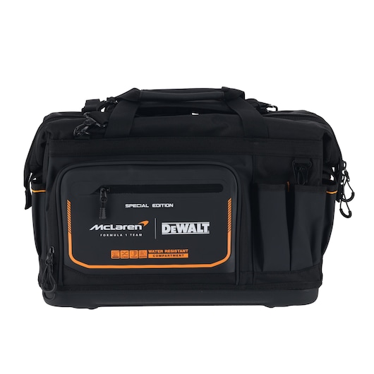 DEWALT McLaren tool bag with water-resistant compartment for tool storage and protection.