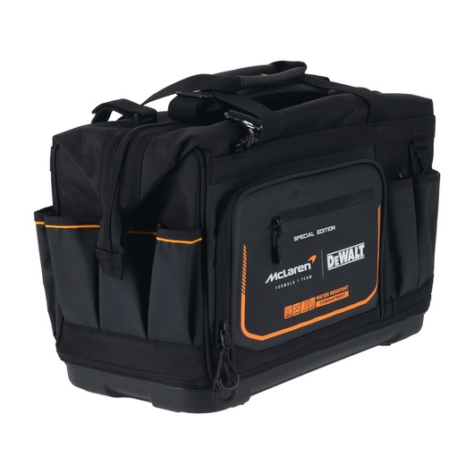 DEWALT McLaren tool bag with water-resistant compartments for organized storage and easy transport.