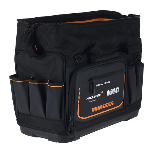 DEWALT McLaren tool bag with multiple pockets for organized storage and water-resistant use.