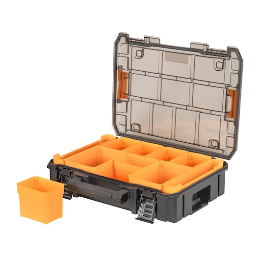 Plastic organizer box with transparent lid and removable orange compartments for tool storage.
