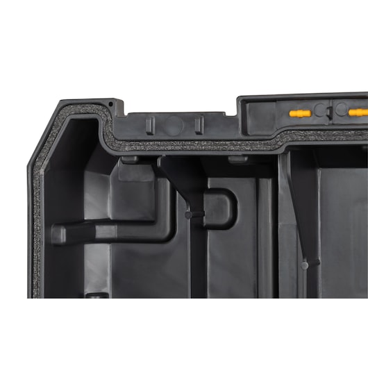 Hard plastic protective case interior, foam lining, for camera gear, prevents damage during transport.