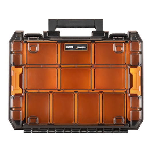 DEWALT transparent toolbox with orange compartments for organized tool storage and easy access.