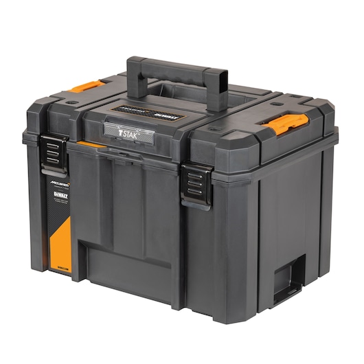 DEWALT black toolbox with orange accents for tool storage and transport.