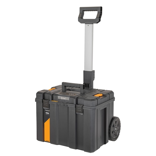 DEWALT rolling toolbox with extendable handle, large wheels, for tool transport and storage.