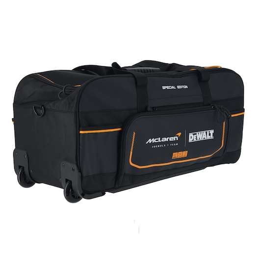 DEWALT McLaren wheeled tool bag, large size, for transporting equipment, offers durability.