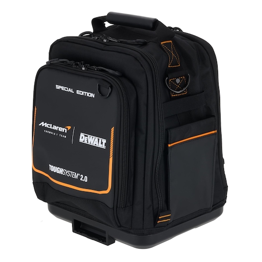 DEWALT Toughsystem 2.0 backpack, black, for tool storage and easy carrying.
