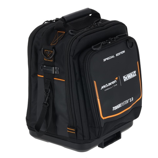 DEWALT ToughSystem 2.0 backpack with McLaren branding, designed for tool storage and transport.