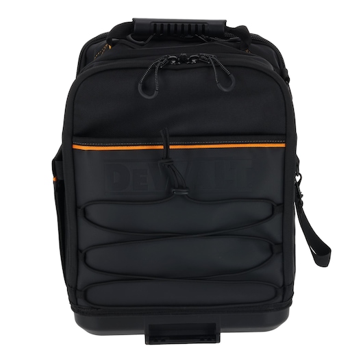 DEWALT black backpack with multiple compartments for tool carrying and protection.