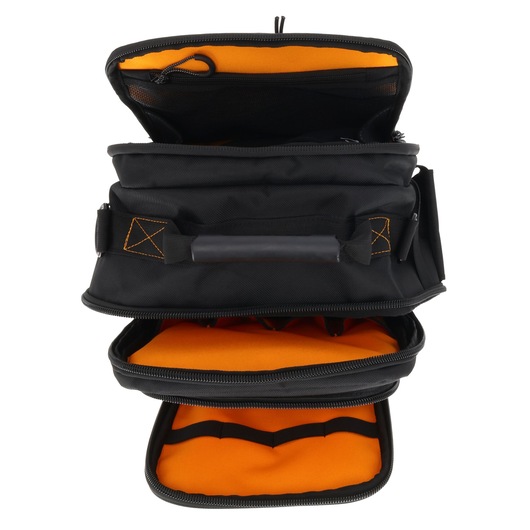 Black and orange padded camera bag with multiple zippered compartments for photography gear protection.