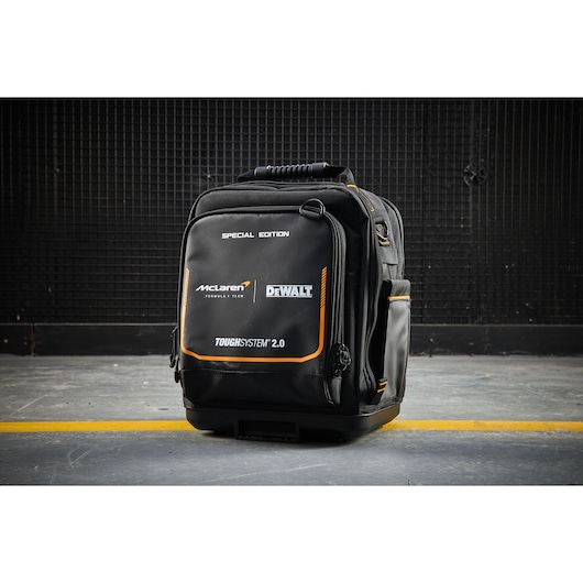 DEWALT ToughSystem 2.0 backpack with McLaren branding for photography gear and durability.