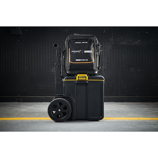 DEWALT ToughSystem 2.0 wheeled storage box and bag for tool transport and protection.