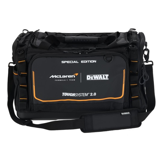 DEWALT ToughSystem 2.0 McLaren special edition tool bag with shoulder strap for durable tool transport.