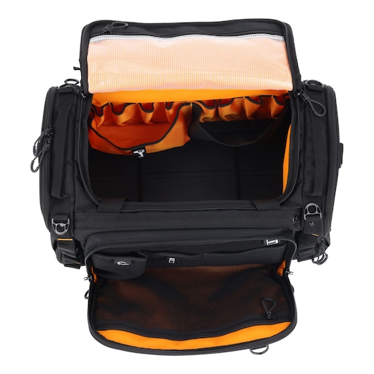 Black camera bag with orange interior compartments and side pockets for photography gear organization.