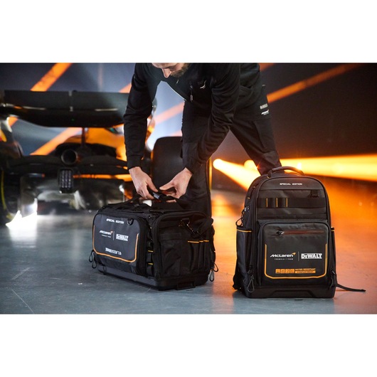 DEWALT McLaren special edition tool bag and backpack for professional tool organization and transport.