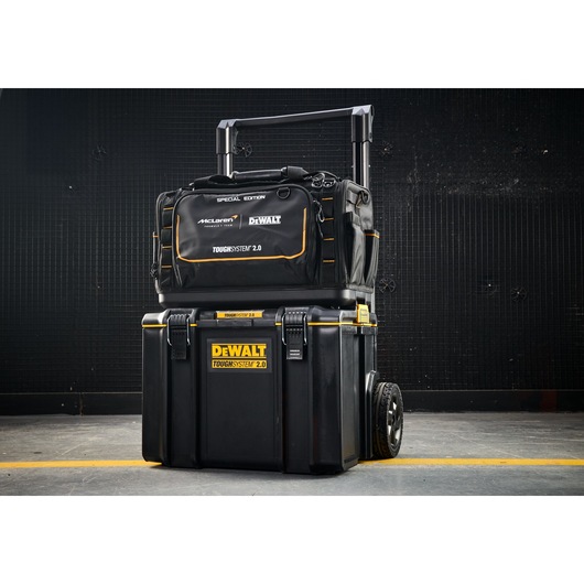 DEWALT ToughSystem 2.0 rolling toolbox set for tool storage and transport on job sites.