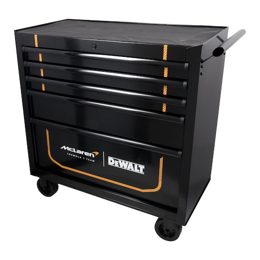 DEWALT McLaren rolling tool chest with multiple drawers for workshop tool storage and mobility.
