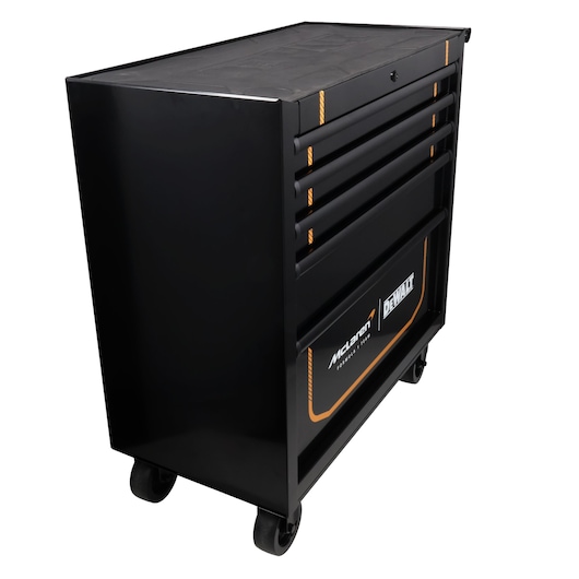 DeWalt tool chest with multiple drawers on caster wheels for organized workshop storage and mobility.